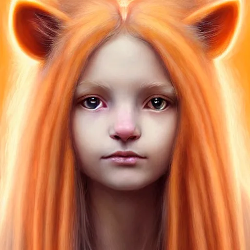 Image similar to Portrait of a girl angel with pale orange colored frizzy strands of illuminated hair, cat ears on her head, glowing halo, Lion's Mane, Lion's Gate, fantasy, intricate, elegant, highly detailed, digital painting, artstation, concept art, smooth, sharp focus, illustration, art by Krenz Cushart and Artem Demura and alphonse mucha