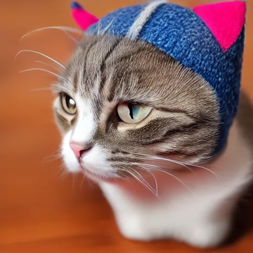 Image similar to cute cat with tongue mlem licking photo wearing wool hat doing mlem cat ears