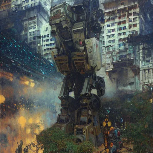 Prompt: six meters tall mech fighting in an urban environment, epic action scene, by gaston bussiere craig mullins jc leyendecker gustav klimt artgerm greg rutkowski john berkey, bergey, craig mullins, ruan jia, raymond swanland, jeremy mann, tom lovell, alex malveda, raytracing