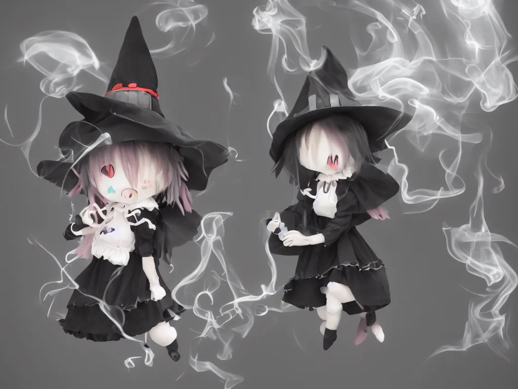 Prompt: cute fumo plush girl witch stirring a cauldron swirling with strange energy, casting a powerful spell, black and white eldritch gothic horror, smoke and volumetric fog, witch girl, soothsayer, lens flare glow, chibi anime, vray