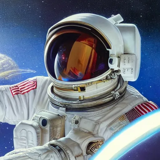 Image similar to a close up painting of an astronaut floating in space. his helmet visor is dark and reflective. you can see the reflection of the photographer in his helmet visor. by artgerm and greg rutkowski and alphonse mucha