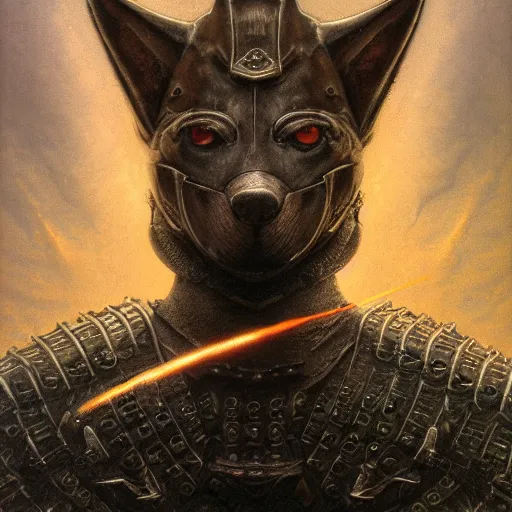 Image similar to berserk black armor, anthropomorphic shiba inu, shiba inu face, in berserk black armor, stuning 3 d render, masterpiece, glowing aura, by donato giancola and greg rutkowski and wayne barlow and zdzisław beksinski, realistic face