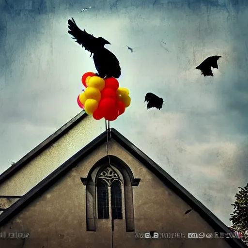 Image similar to A clown on the roof of the church playing with crows, futurist, digital art, dramatic lighting, symbolic