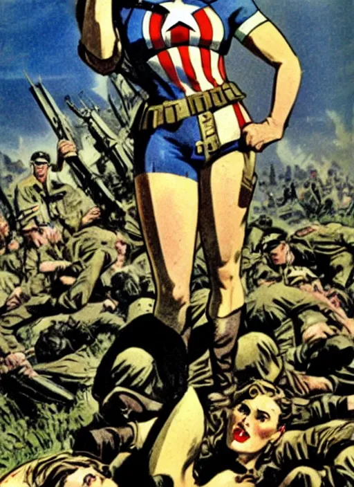 Image similar to beautiful female captain america standing on a pile of defeated and beaten german soldiers. feminist captain america wins wwii. american wwii propaganda poster by james gurney. gorgeous face. overwatch