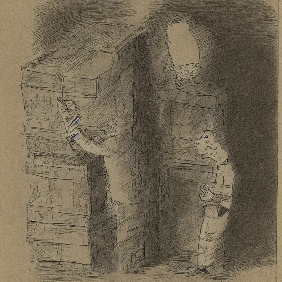 Image similar to a cartoon of a long - nosed man in a box poking his head through the top, as by william rotsler