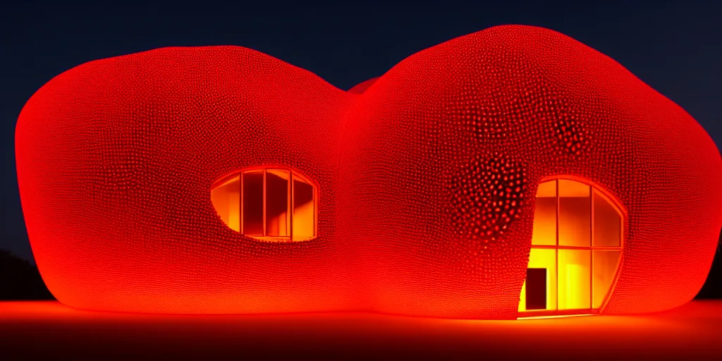 Prompt: A beautiful architectural rendering of a blob shaped trypophobia house with a mysterious red glow emitting from inside, stunning, gorgeous, golden ratio, photorealistic, featured on artstation, 4k resolution