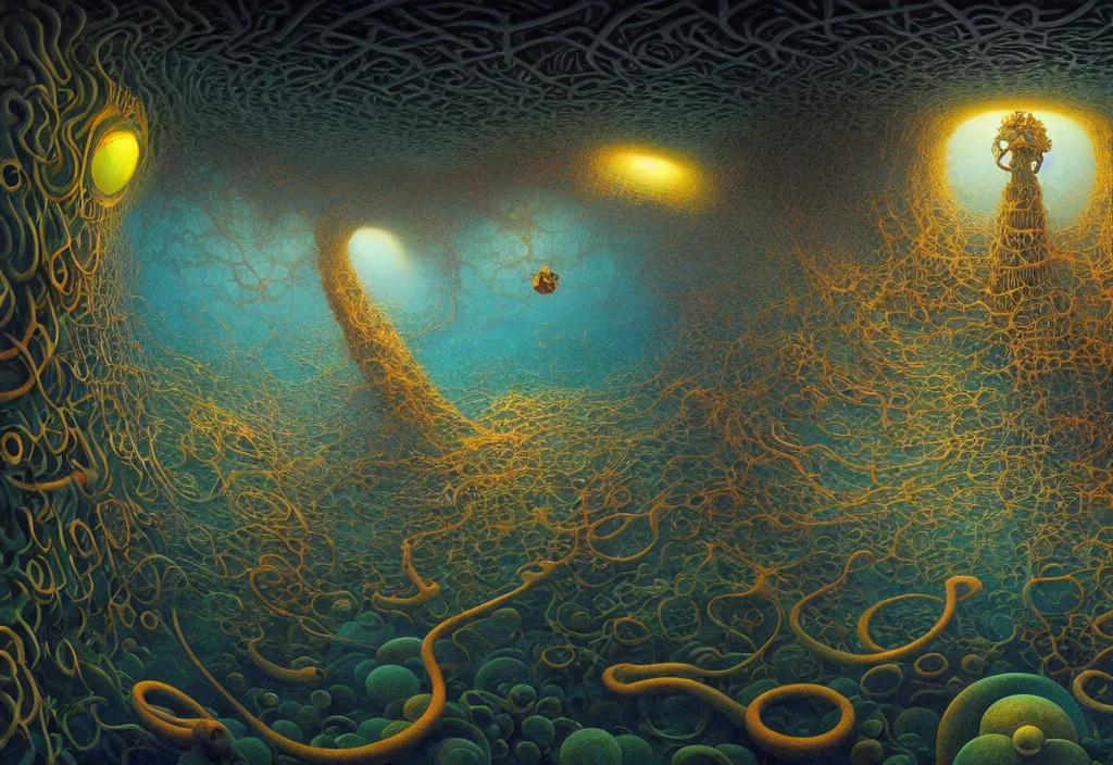 Image similar to hyper detailed 3d render like a Oil painting - an underwater portal into the depths of another cosmic dimension, by Jacek Yerka, Mariusz Lewandowski, Houdini algorithmic generative render, Abstract brush strokes, Masterpiece, Edward Hopper and James Gilleard, Zdzislaw Beksinski, Mark Ryden, Wolfgang Lettl, hints of Yayoi Kasuma, octane render, 8k