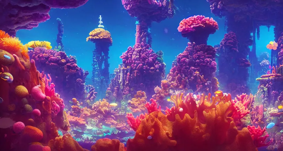 Image similar to a beautiful cinematic view of an underwater enchanting multicolored coral shrine surrounded by an exotic tropical reef, underneath a star filled night sky, warm coloured, gigantic pillars and flowers, maschinen krieger, beeple, film, atmospheric perspective, abzu, oil on canvas