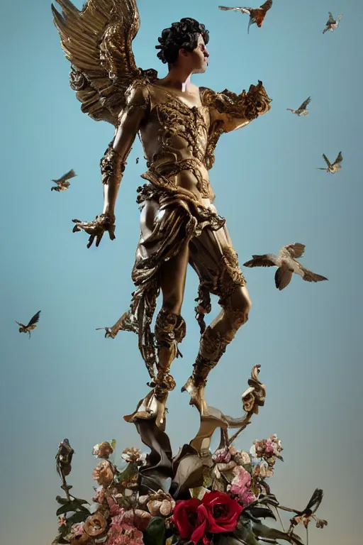 Image similar to a young handsome Spanish prince in a full-body bronze baroque and cyberpunk style statue of Icarus posed like a bird, crown of peach roses, flowing teal-colored silk, fabric, flowers. baroque elements, human skull. full-length view. baroque element. intricate artwork by caravaggio. many many birds birds on background. Trending on artstation, octane render, cinematic lighting from the right, hyper realism, octane render, 8k, depth of field, 3D