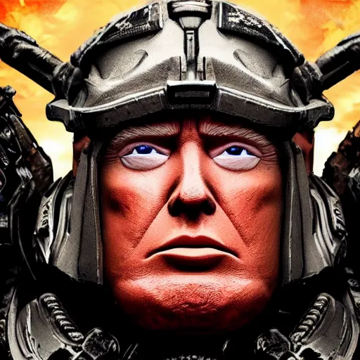 Image similar to Portrait of donald trump as the emperor of humanity from warhammer 40k in Gears of War, splash art, movie still, cinematic lighting, dramatic, octane render, long lens, shallow depth of field, bokeh, anamorphic lens flare, 8k, hyper detailed, 35mm film grain