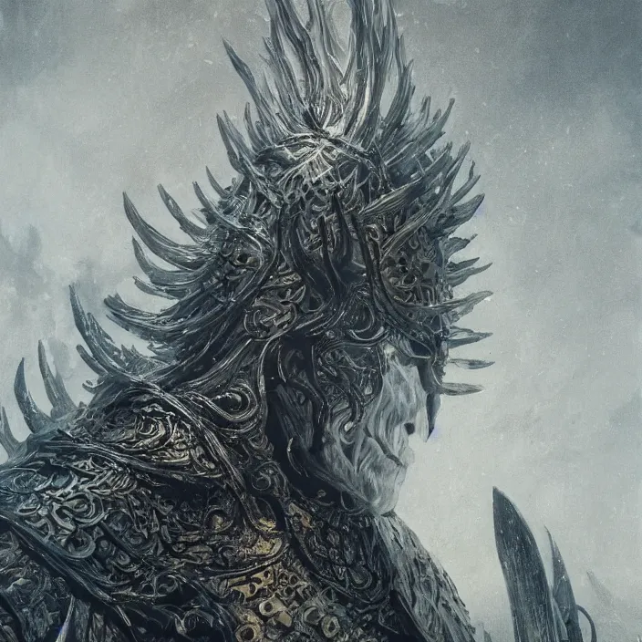 Image similar to beautiful illustrated portrait of the nameless king (from Dark Souls III) the god of storms and warfare wearing heavy iron armor, painted, 4k artwork, trending on artstation, octane render, art by artgerm and greg rutkowski and alphonse mucha and craig mullins and James Jean and Andrei Riabovitchev and Marc Simonetti and peter mohrbacher