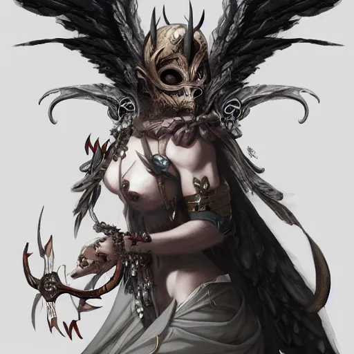 Image similar to A highly detailed masked demon rugged woman with wings and a platinum zen design on her mask, graphic manga, by Akihiko Yoshida and Peter Mohrbacher, anime artwork in artstation