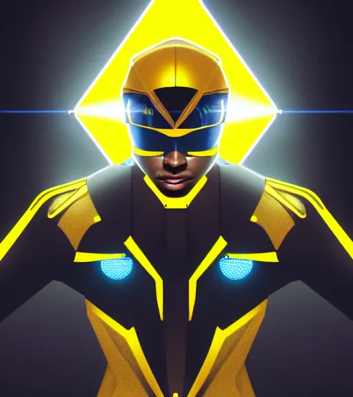 Image similar to symmetry!! yellow ranger, thunderbolt shaped viser!! solid cube of light, hard edges, product render retro - futuristic poster scifi, lasers and neon circuits, brown skin man egyptian prince, intricate, elegant, highly detailed, digital painting, artstation, concept art, smooth, sharp focus, illustration, dreamlike, art by artgerm