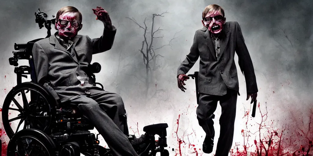 Image similar to a zombie movie where all the zombies are stephen hawking, horror imax cinematic dark night fog