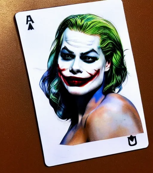 Image similar to tattoo design sketch of beautiful margot robbie with faded joker makeup and holding an ace card, in the style of den yakovlev, realistic face, black and white, realism tattoo, hyper realistic, highly detailed