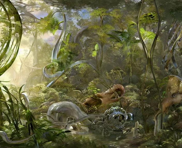 Prompt: simplicity, transparent clear see - through image of mollusks, lush botany, orchids, ferns, biomechanical environment, ultra realistic, concept art, photorealistic, octane render, 8 k, unreal engine. art by gustave dore and nori inoguchi and sam kaplan and zachary goulko and christopher marley and artgerm and alphonse mucha