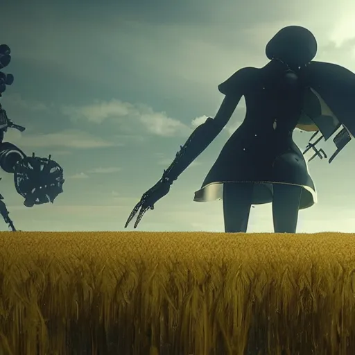 Prompt: a very high resolution image from nier : automata, featuring 9 s android fighting an armored vehicle resembling main battle tank in yellow rye field under pure blue skies