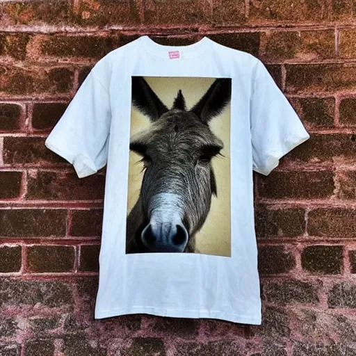 Image similar to “photo of a ripped, filthy dirty off-white t-shirt with the picture of a donkey on it, hanging on a dirty concrete wall in a dark room with the floor covered in trash and garbage. Flash photo.Cursed image.”