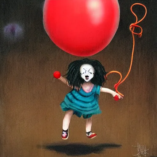 Prompt: grunge cartoon painting of a little girl playing witha jump rope with a wide smile and a red balloon by chris leib, loony toons style, pennywise style, horror theme, detailed, elegant, intricate