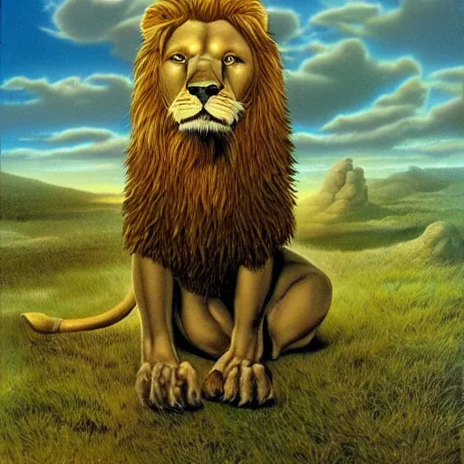 Prompt: an anthropomorphic lion by jim burns, james gurney, and david a. hardy