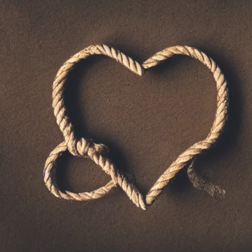 Prompt: watercolor art of a brown rope tied in the shape of a heart laying on a white background