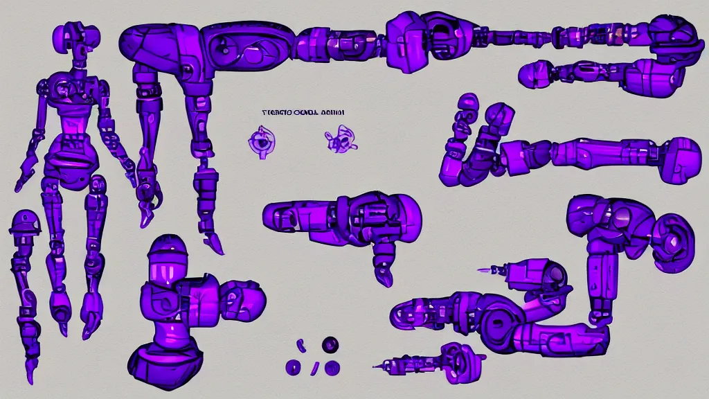 Prompt: A female robotic arm sci-fi prop reference sheet, bright purple and black, graffiti lettering, trending on artstation