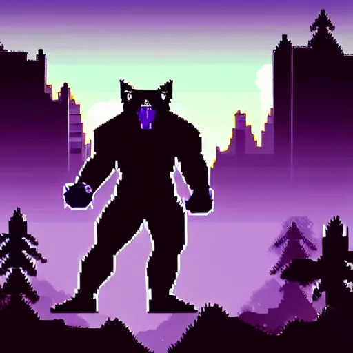 Image similar to full body portrait. 8 bit nes graphics. antropomorphic muscular masculine wolf. kickboxer fighter, in shorts. wolf head. furr on body. at night. postapocalyptic city on background, violet sky