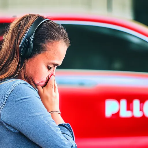 Image similar to a woman crying while listening to music, ( sony a 7 r iv, symmetric balance, polarizing filter, photolab, lightroom, 4 k, dolby vision, photography award, picturesque ) police car lights