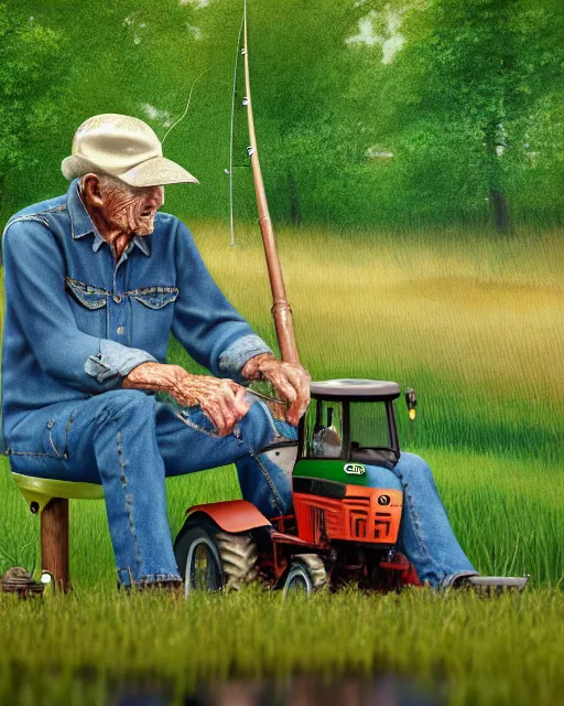 Image similar to old man in denim sat fishing in a wooded area with a john deere tractor in foreground, ultra realistic, concept art, intricate details, highly detailed