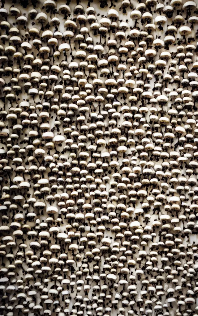 Prompt: photo of a wall covered in hundreds of pictures of mushrooms with hundreds of pictures of mushrooms in the shape of a mushroom, 8k
