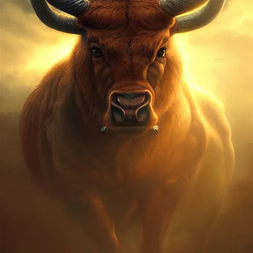 Image similar to Menacing minotaur portrait, atmospheric lighting, painted, intricate, volumetric lighting, beautiful, rich deep colors masterpiece, golden hour, sharp focus, ultra detailed, by Leesha Hannigan, Ross Tran, Thierry Doizon, Kai Carpenter, Ignacio Fernández Ríos