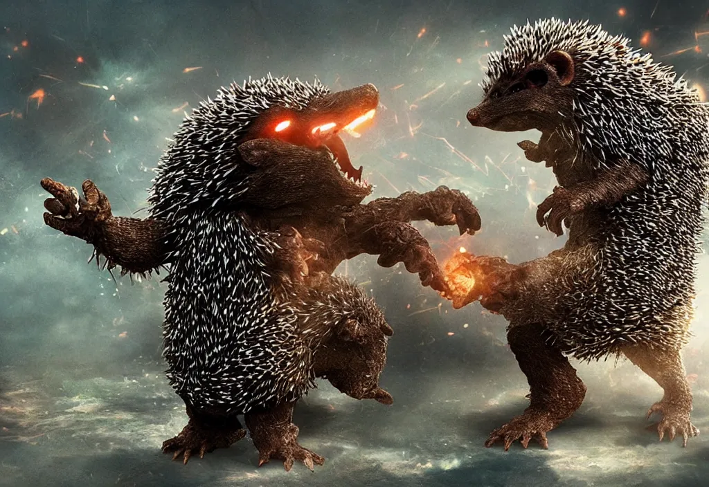 Image similar to a hedgehog alien fighting godzilla