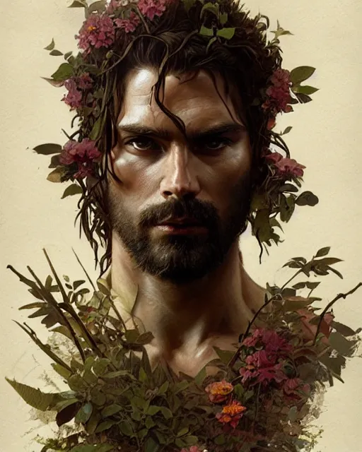 Image similar to god of the forest, 3 0 years old, rugged, male, gorgeous, detailed face, flowers, amazing, muscular, intricate, highly detailed, digital painting, artstation, concept art, sharp focus, illustration, art by greg rutkowski and alphonse mucha