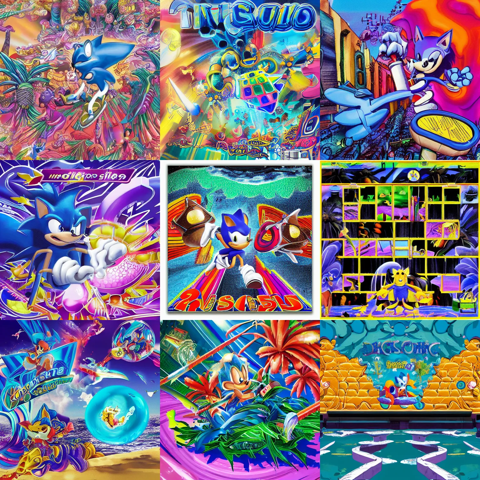 Image similar to surreal, sonic, sharp, detailed professional, high quality airbrush art MGMT album cover of a liquid dissolving LSD DMT blue sonic the hedgehog surfing through cyberspace, tropical ocean, purple checkerboard background, 1980s 1985 arcade video game album cover