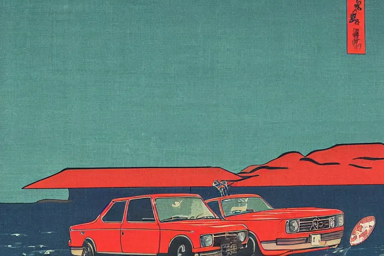 Image similar to ukiyo - e painting of a datsun 5 1 0