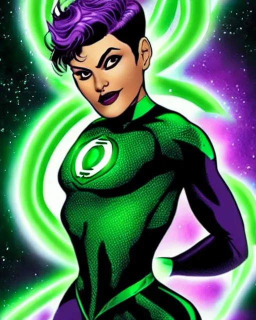 Image similar to photos of a real life soranik natu soaring thru outer space as a Green Lantern beautiful, photogenic, purple skin, short black pixie like hair, photorealistic, cinematic