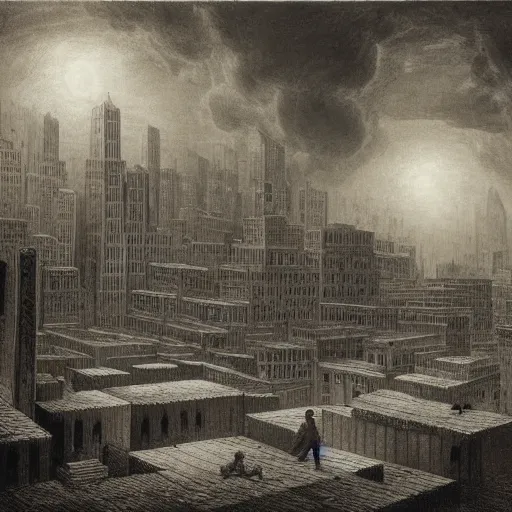 Prompt: new york city being rebuilt as mesopotamian architecture. cyclopic, dark, atmospheric, stormy weather, gustave dore, italy 1 8 1 6