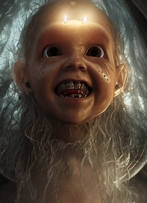 Prompt: toothchild channel zero teeth, candle cove, ultra detailed fantasy, elden ring, realistic, dnd, rpg, lotr game design fanart by concept art, behance hd, artstation, deviantart, global illumination radiating a glowing aura global illumination ray tracing hdr render in unreal engine 5