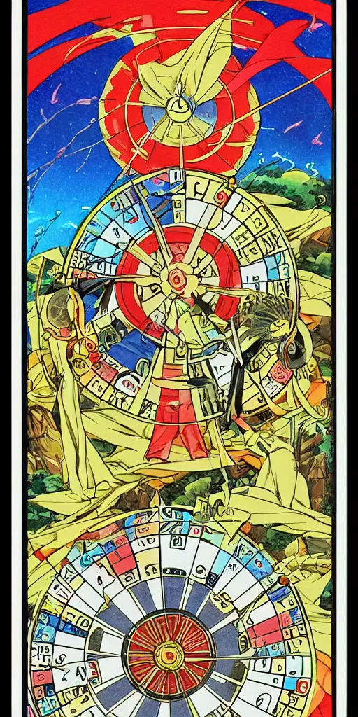 Image similar to Wheel of Fortune tarot card by a famous anime artist, clean and sharp lines, minimalistic, taoist