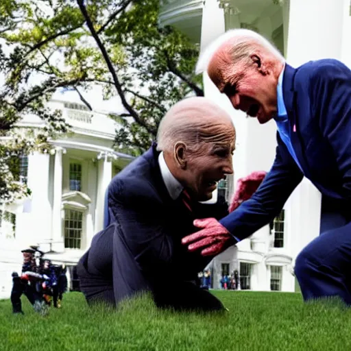 Prompt: a monster from predator destroys joe biden on the white house lawn
