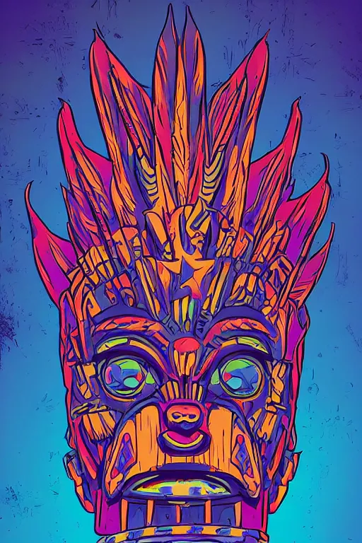Image similar to totem animal mask tribal feather gemstone plant wood rock shaman vodoo video game vector cutout illustration vivid color borderlands comics by josan gonzales and dan mumford radiating a glowing aura