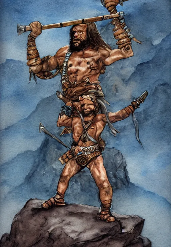 Image similar to randy savage with an anchor weapon slung over his shoulder and foot heroically on a boulder posing alone in desolate wasteland | portrair | fantasy watercolour painting | middle earth | conan | darksun | d & d dungeons and dragons | barbarian