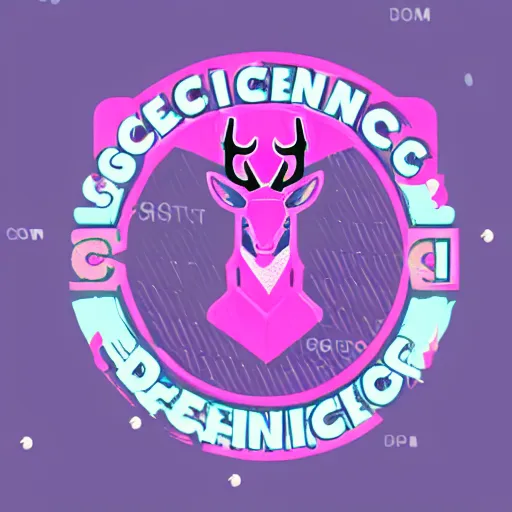 Prompt: logo for science corporation that involves deer head, symmetrical, retro pink synthwave style, retro sci fi
