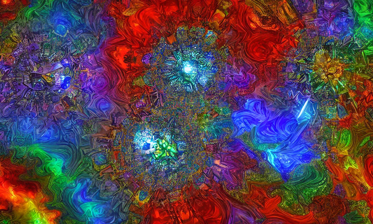 Image similar to voronoi engine laboratory 3 d volume kaleidoscope mandala fractal chakra digital multicolor stylized concept substance liquid nebula stone, a spectacular view cinematic rays of sunlight comic book illustration, by john kirby radiating a glowing aura global illumination ray tracing hdr depth fog overlay multiply photoshop layer