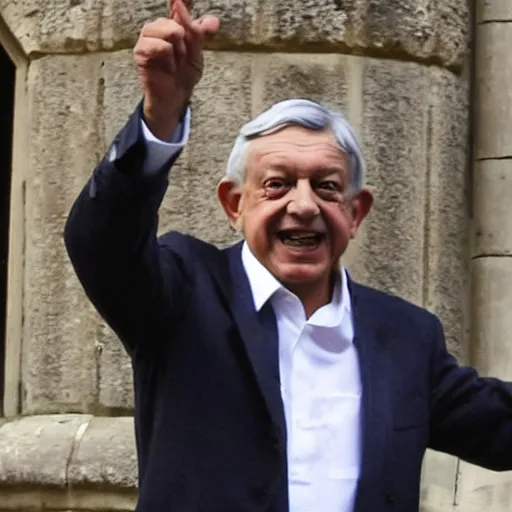 Prompt: amlo pointing the gun at his head, being in windsor castle.