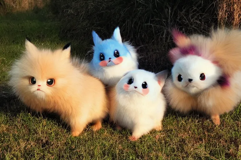 Image similar to real life pokemons, cute!!!, content!!!, mischievous!!!, adorable!!!, little furballs, fluffy!!!, ultra realistic!!!, golden hour, sharp focus