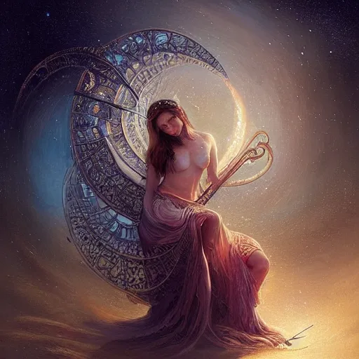 Image similar to a high quality realistic portrait of a very very beautiful! celestial interdimensional goddess playing a mystical harp and springing life into the universe, highly detailed, intricate, sharp focus, fantasy, mystical, dreamlike, cinematic lighting by WLOP and greg rutkowski