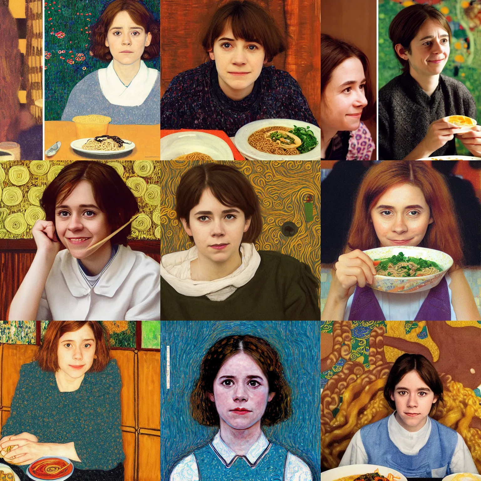 Prompt: a portrait of young female Asa Butterfield mixed with Pam beesly, kind, content, slight smile, eating ramen in a restaurant by gustav klimt