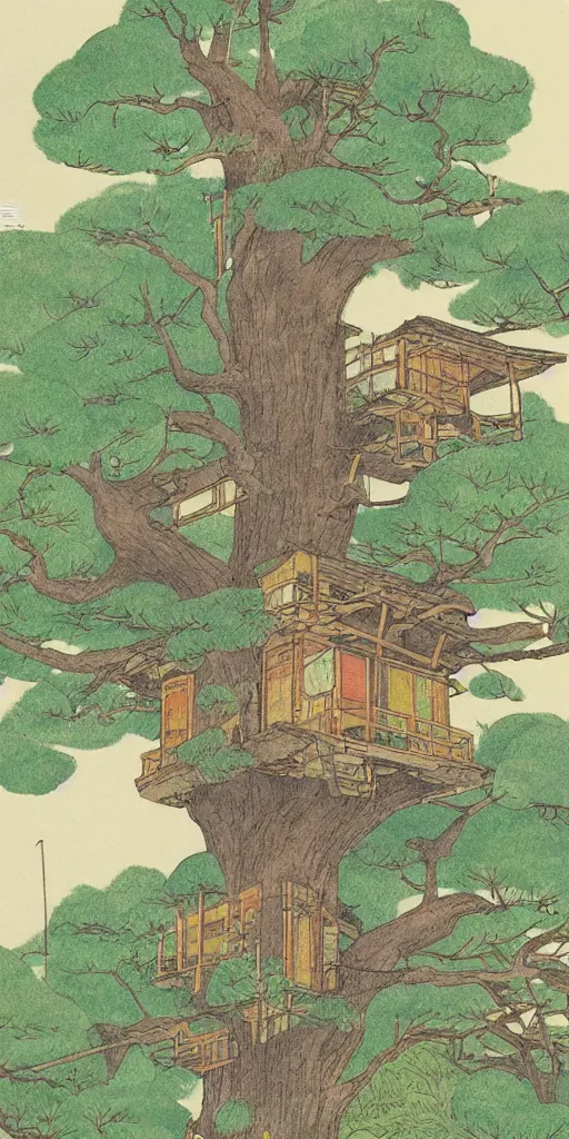 Prompt: Japanese childrens book illustration of a treehouse, 1980s, matte, tasteful