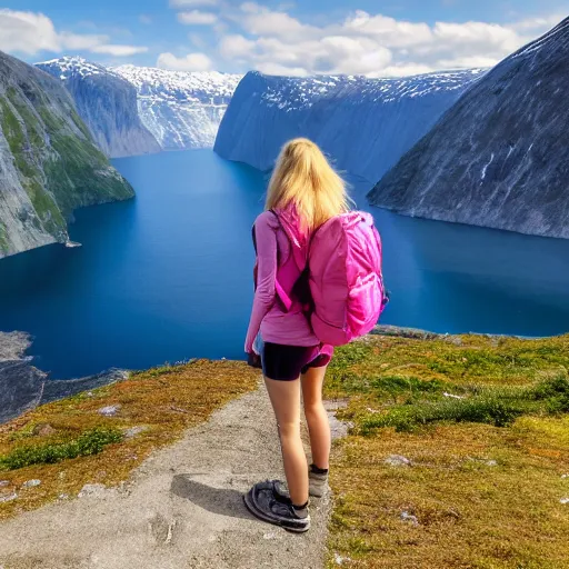 Image similar to a young woman with long pink hair looking at fjords, hiking clothes, tank top, backpack, norway, fjords in background, cinematic, beautiful, stunning, day time, epic, 8 k, 1 6 : 9